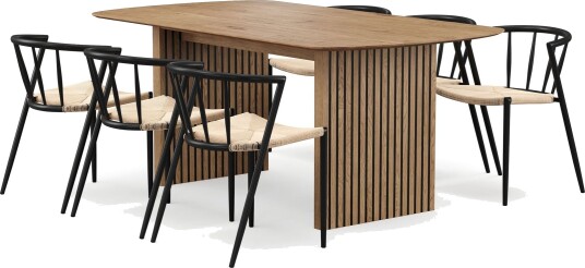 Richeto spisebord 180 cm med 6 Winston spisestoler - Naturlig finish / Beige / metallben svart