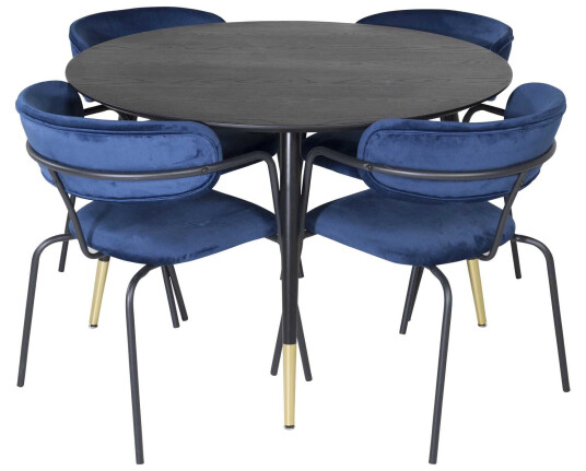 Venture Design Dipp & Arrow spisegruppe Svart/blå 4 st stoler & bord 115 cm