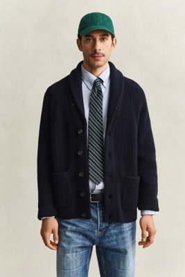 Gant Wool/Cotton Ribbed Shawl Collar Cardigan Evening Blue