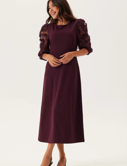 Bubbleroom 3D Floral Sleeve Midi Dress Burgundy 40 42