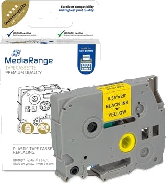 Mediarange   Laminert   Permanet Adhesiv   Svart På Gult   Rull 0,9 Cm X 8 M 1 KassettEr Hengeboks   Merketape Alternativ For: Brother Tz 621 Brother Tze 621   For Brother P Touch Pt 1080 1250 1290 1400 1650 18 1830 1950 2430 2700 P