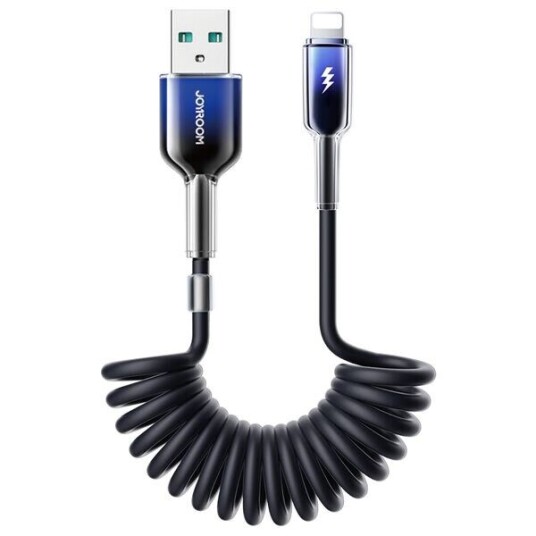 Joyroom Krystallklar USB-kabel Spiral 3A USB til belysning 1,5 m Svart