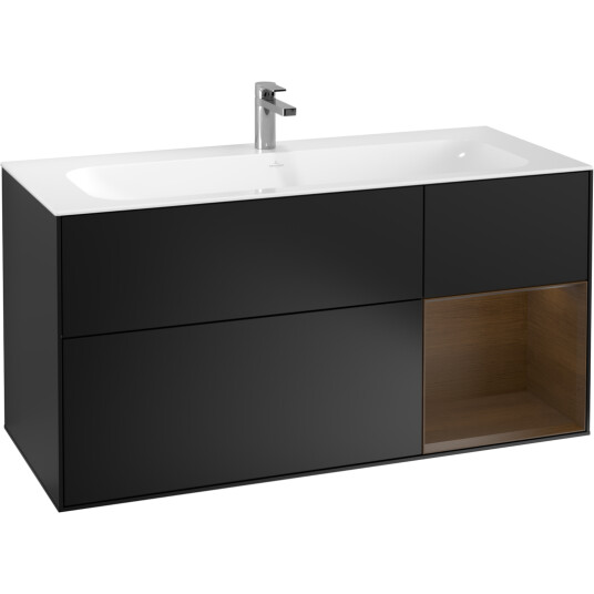 VILLEROY & BOCH FINION SERVANTSKAP 120 SVART MATT LAKK M/LYS HØYRESTILT VALNØTTHYLLE VILLEROY & BOCH FINION SERVANTSKAP 120 SVART MATT LAKK M/LYS HØYRESTILT VALNØTTHYLLE