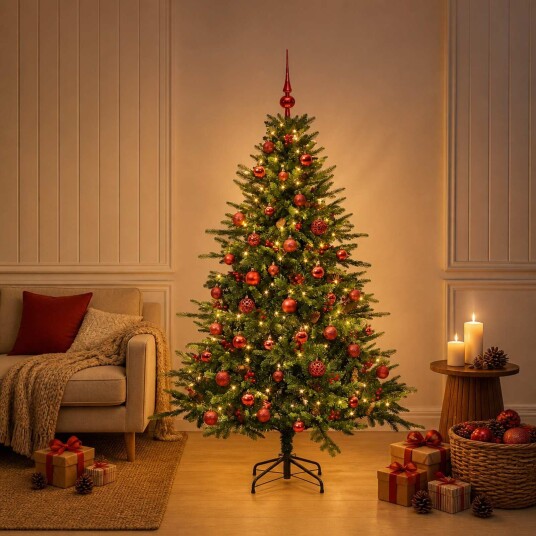 vidaXL Kunstig juletre med julekuler 120 cm 150 LED-lys Varmhvit