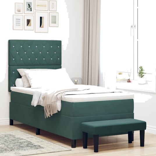 Box Spring Seng med Madrass & Benk Mørkegrønn 90x190 cm Fløyel