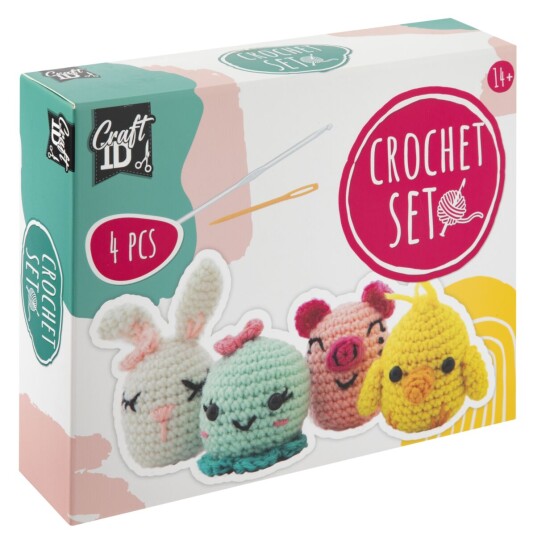 Amigurumi heklesett med 4 bamser Gris, Hare, Blekksprut og Kylling Amigurumi heklesett med 4 bamser Gris, Hare, Blekksprut og Kylling