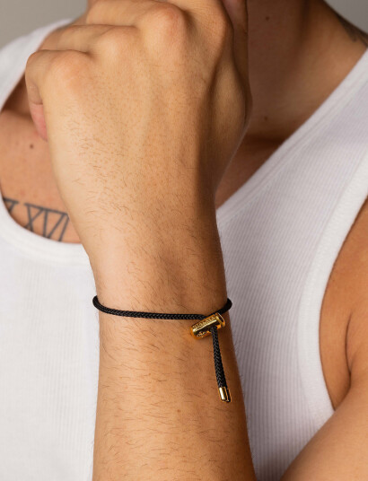 Nialaya Men"s Black String Bracelet With Adjustable Gold Lock   Gold   ONE SIZE 20 cm