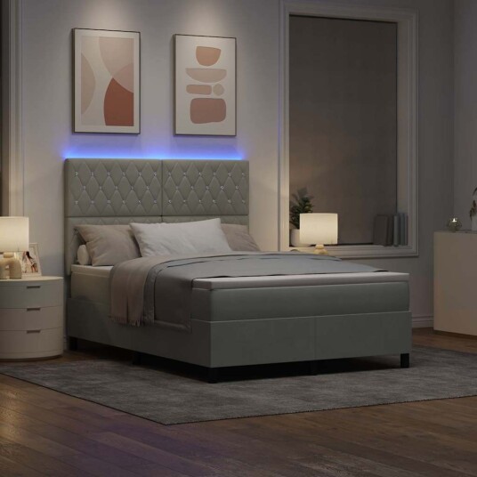 Box Spring Seng med Madrass & LED Lys Lysegrå 160x200 cm Fløyel