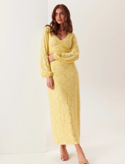Bubbleroom Structure Floral Smock Maxi Dress Yellow XS