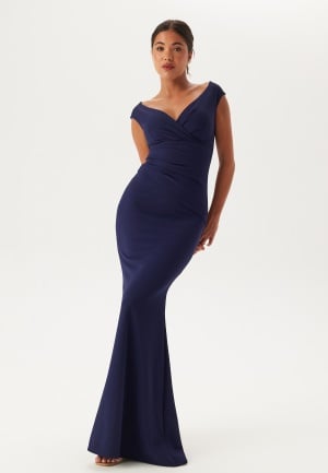 Goddiva Bardot Pleat Maxi Dress Dark blue S UK10 Goddiva Bardot Pleat Maxi Dress Dark blue S UK10
