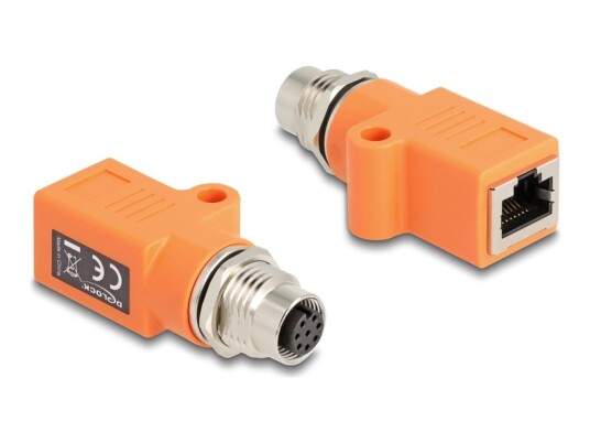 Delock Nettverksadapter 8-Pins M12 Hunn Gjenget Til Rj-45 Hunn Stp Cat 5E A-Kodet Oransje