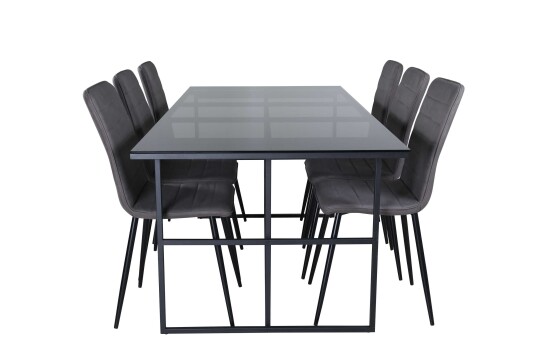 Venture Design Leif & Windu spisegruppe Grå/svart 6 stoler & bord 200 x 90 cm
