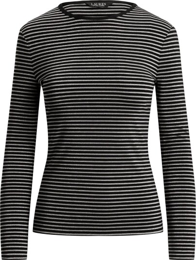 Lauren Ralph Lauren Striped Cotton Blend Long Sleeve Tee   BLACK/PEWTER   M