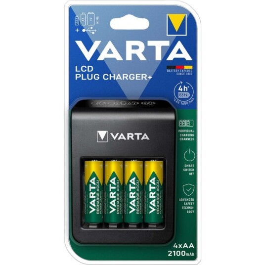 Varta NiMH LCD Plugglader med 4x AA 2100 mAh - Universal Batterilader for AA, AAA og 9V