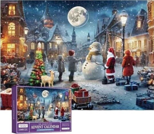 Puslespill adventskalender 2024 1008 puslespillbrikker 24 dager til jul Nedtelling adventskalender Juleblomst Måneskinn natt