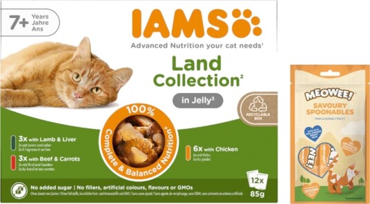 Iams Senior 7+ Land Collection 3 Sorter I Gelé + Meowee Savoury Spoonables Kylling 12 X 85 G + 112 G
