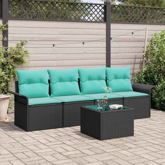 vidaXL Hagesofa Set med pute 5 pcs Svart og turkis polyrotting