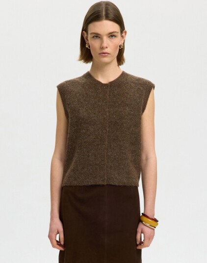 Selected Slwlulu Sl Button O Neck Vest Noos Brown XL