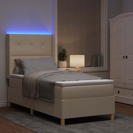 Box Spring Seng med Madras & LED Krem 100x200 cm Stoff
