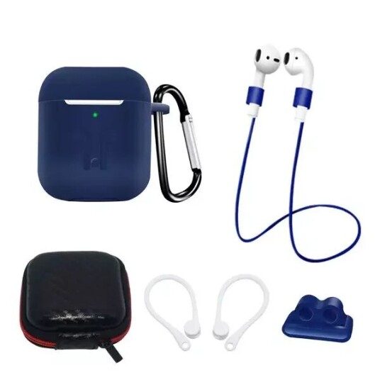 Hurtel AirPods 1. og 2. gen. Silikonetui Sett med Nakkestropp og Ørekrok Blå