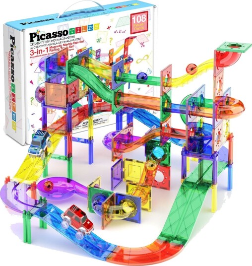 PicassoTiles Magnetisk Kulebane og Racerbane Byggeleke 3-i-1 med 108 Deler