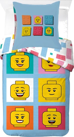 Licens LEGO sengetøy 100% bomull Barne sengetøy 140x200 cm LEGO hoder Lyseblå