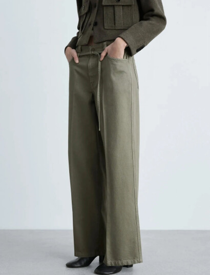 Mango Wide Leg Jeans With Belt Detail - Khaki green - 34