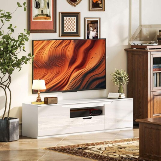 Northio Tv skap Lowboard Med 2 Dører Skuff 160 Cm Langt Tv stativ For Tver Opp Til 65 Tommer Tv bord Kabelføring Stue Hvit