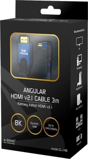 Savio Cl 148 High Speed Hdmi Kabel Med Ethernet Hdmi Hann Til Hdmi Hann Vinklet 3 M Skjermet Svart Blå 8 K 120 Hz 7680 X 4320 Støtte