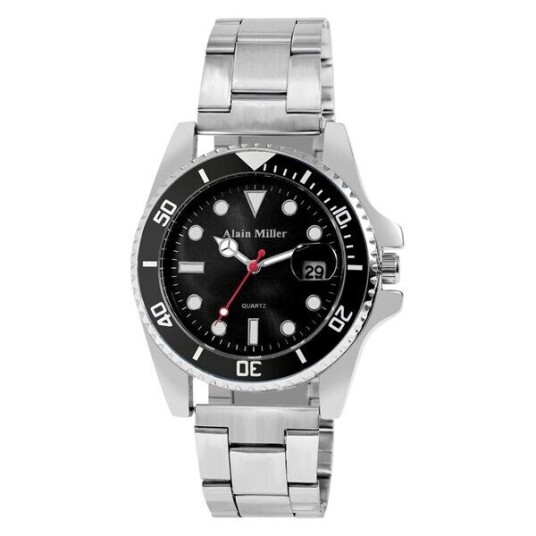 Alain Miller Herreklokke 39 mm med svart urskive og stållenke – Sølv/svart