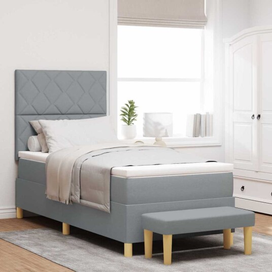 Box Spring Seng med Madrass & Benk Lysegrå 90x200 cm Stoff