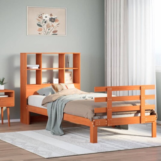 Seng med bokhylle uten madrass voksbrun 90x200 cm heltre furu 8721158615596