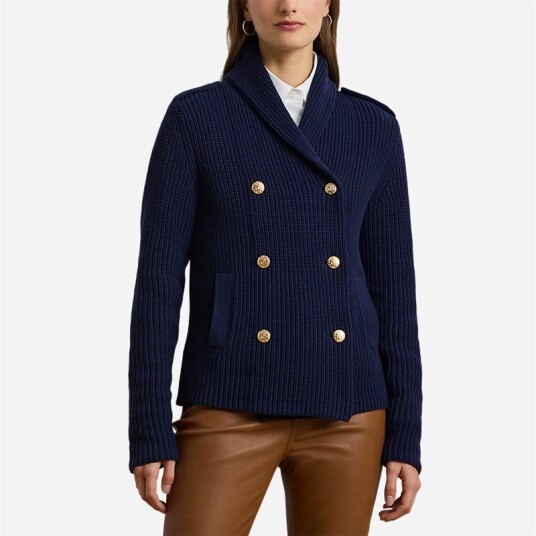 Ralph Lauren Rib-Knit Double-Breasted Sweater Jacket Refined Navy