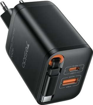 Yesido YC99 40 W hurtiglader med uttrekkbar USB C kabel Svart Yesido YC99 40 W hurtiglader med uttrekkbar USB C kabel Svart