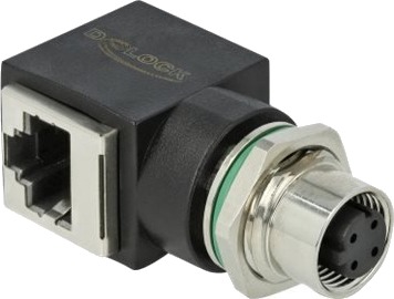 Delock Nettverksadapter 4-Pins M12 Hunn Rett Til Rj-45 Hunn Vinklet Cat 5E Svart