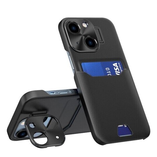 Hurtel Leather Stand Case Veske Til Iphone 14 Kort Lommebokdeksel Med Stativ Sort