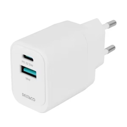 Deltaco USB Vegglader med 1x USB-A 18W og 1x USB-C PD 20W - Hvit