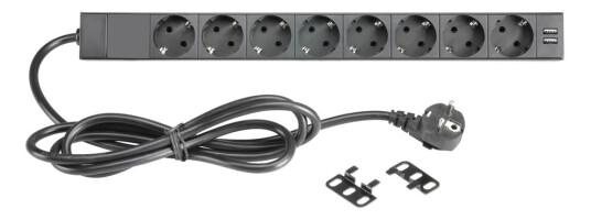 Adam Hall Strømskinne 19" 1u Rackmonterbar (8 Stikk + 2 Usb) 87471usb