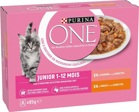 Purina One våtfôr 24 + 8 gratis ONE Junior & laks kylling 32 x 85 g