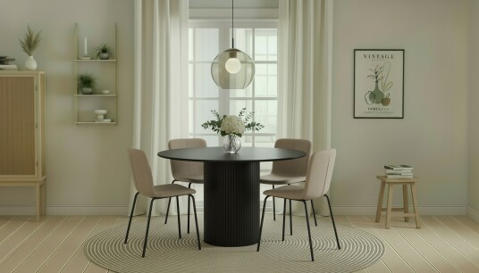 Bark Kopparbo Rundt Spisebord 130 cm med 4 Katy Spisestoler Svart tre / Greige Bouclé / Metallben Svart