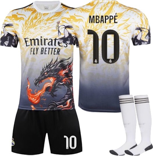 25-26 Real Madrid CF Gul Drake spesialutgave drakter NO.10 MBAPPE Sett Barn Voksen Fotballsett Med Sokker NO.10 26