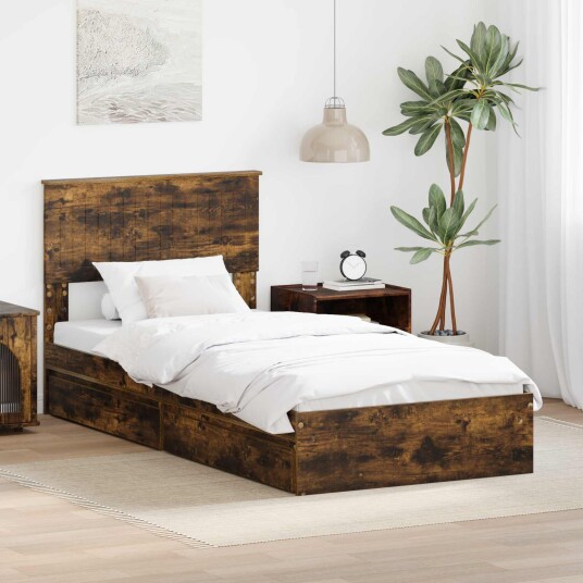  Seng med Oppbevaring Røkt eik 90 x 190 cm Konstruert tre