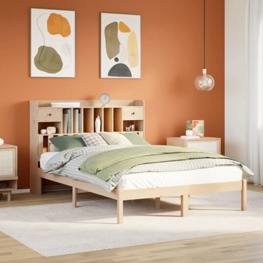 Seng med bokhylle uten madrass 140x200 cm heltre furu 8721158604132
