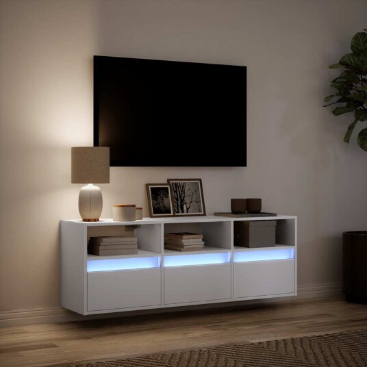  Vegghengt TV-benk med LED hvit 130x31x45 cm