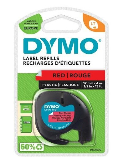 DYMO Letratag plasttape, sort på rød, 12mm x 4m rull, selvklebende
