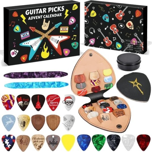 Moorle Gitarplekter Adventskalender 2025 – 24 dagers julekalender med celluloid tre og oud plekter holder og metallboks