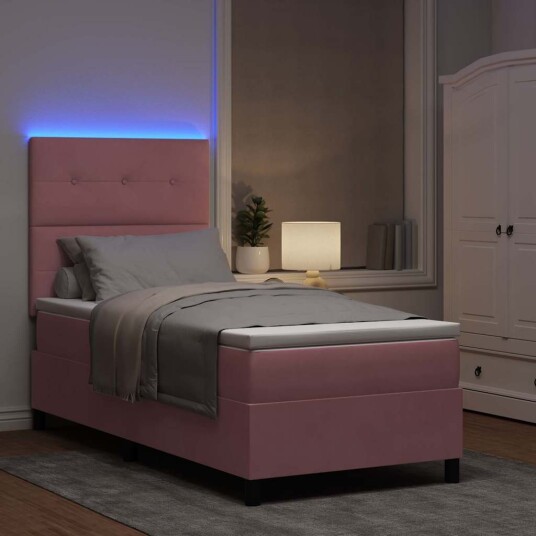 Bokspring Seng med Madras & LED Rosa 100x200 cm Fløyel 3343297