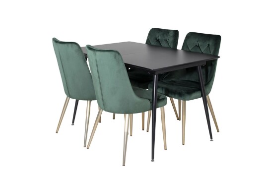 SilarBLExt spisegruppe spisebord uttrekksbord lengde cm 120 / 160 svart og 4 Velvet Deluxe spisestuestoler velour grønn, messing dekor.