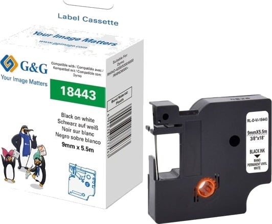 G&G 21706 Svart På Hvitt Kontinuerlig Etikett Svart Vinyl Dymo 9 Mm