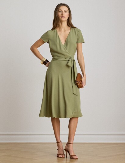 Lauren Ralph Lauren Belted Georgette Surplice Dress Khaki green 44 Lauren Ralph Lauren Belted Georgette Surplice Dress Khaki green 44